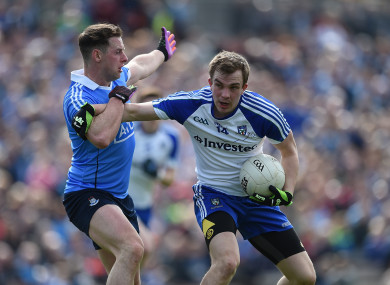 Dublin's Philly McMahon tackling Jack McCarron of Monaghan in a National League game earlier this year.