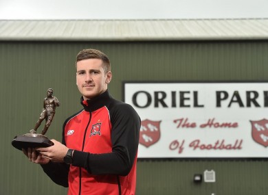 Patrick McEleney poses with the SSE Airtricity/Soccer Writers’ Association of Ireland Player of the Month for June.