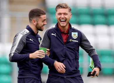 Hendrick shares a joke with Burnley and Ireland team-mate Robbie Brady before a recent friendly in Tallaght.