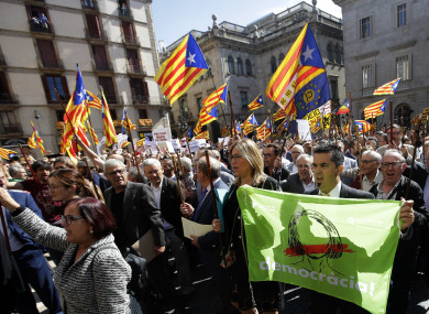 Catalan mayors under investigation gather outside the Generalitat Palace, to protest against the ruling by the constitutional court ahead of a planned independence referendum.