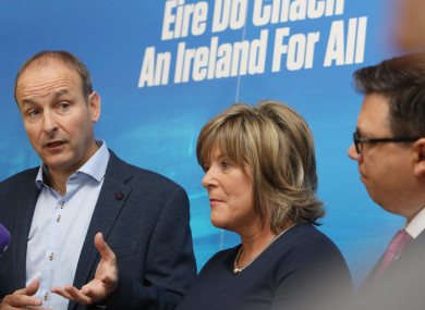Party Leader Micheal Martin, Mary Butler TD and Cllr Paul McAuliffe speaking to the media.