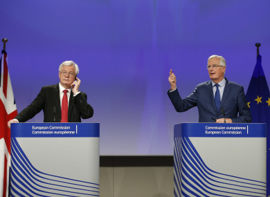 The UK's Brexit Secretary David Davis (L) and European Union (EU) chief negotiator Michel Barnier (R) attend a press conference at the end of the fifth round of negotiations on Brexit talks at the EU Commission in Brussels, Belgium.