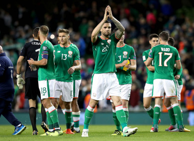 Ireland's Shane Duffy celebrates last night's win over Moldova.