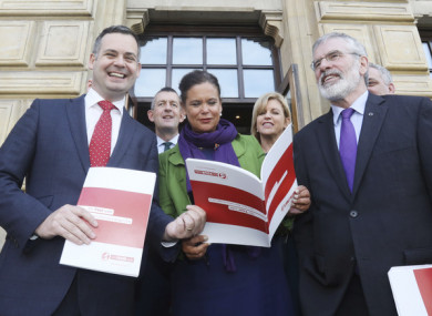Sinn Fein finance spokesperson Pearse Doherty with poarty president Gerry Adams and deputy leader Mary Lou McDonald during the launch of Sinn Fein's alternative budget proposals.