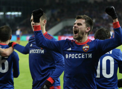CSKA Moscow players celebrate a Champions League goal against Benfica.