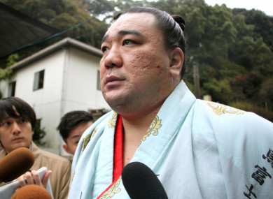 Mongolian sumo grand champion Harumafuji speaks to journalists today.