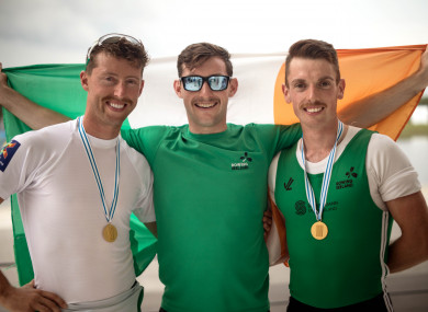 Mark O'Donovan, Paul O'Donovan and Shane O'Driscoll at the World Rowing Championships.