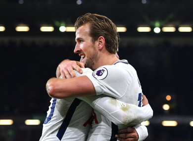 Kane celebrates his third goal with Dele Alli.