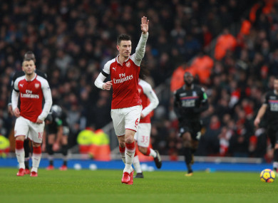 Laurent Koscielny of Arsenal celebrates scoring his side's third goal of the game.