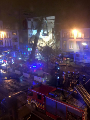 This image taken from the Twitter page of Sigrid Vermeulen shows a collapsed building in Antwerp, Belgium.
