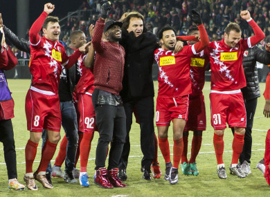 Constantin celebrates Sion's scoreless draw with Liverpool in 2015,