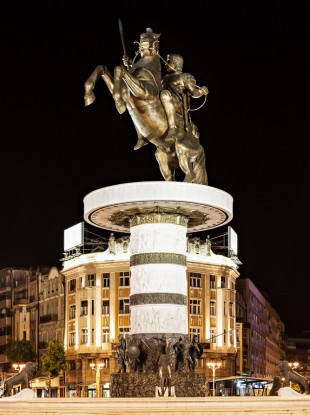 A statue of a warrior on a horse, believed to be of Alexander the Great, in Skopje, Macedonia.