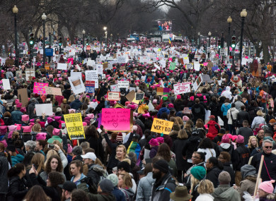 Protesters fill the National Mall near the Capitol carry signs near during the Women's March on Washington on January 21, 2017.