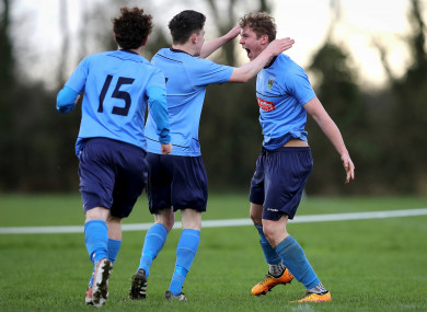 Georgie Kelly (far right) celebrates after scoring for UCD in last year's Collingwood Cup final.