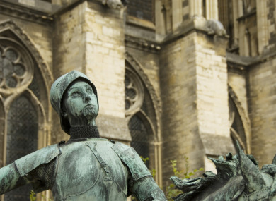A statue of Joan of Arc outside Reims Cathedral in northern France.