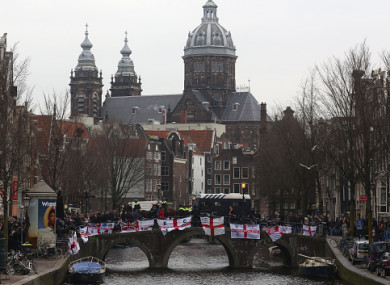 England fans on a canal bridge ahead of yesterday's match.