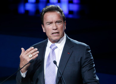Arnold Schwarzenegger delivering a speech at the One Planet Summit in Paris on 12 December 2017