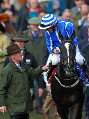 Paul Townend chats to Willie Mullins after winning the Stayers' Hurdle.
