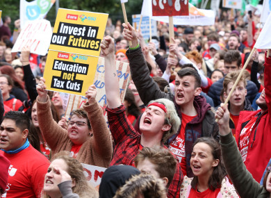 An estimated 20,000 students marched through the streets of Dublin from the Custom House to Merrion Square in protest at Student Tuition fees last year.