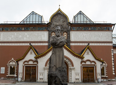 A view of the Tretyakov State Gallery museum with the statue of the founder of the gallery Pavel Tretyakov in the center in Moscow, Russia.