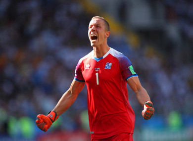 Iceland goalkeeper Hannes Halldorsson celebrates.