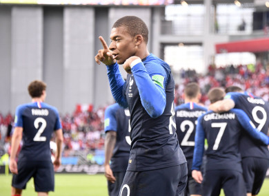Kylian Mbappe celebrates his goal.
