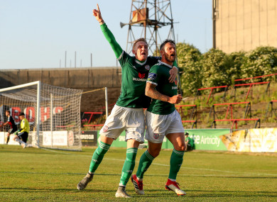 Rory Patterson celebrates scoring a goal alongside Ronan Curtis at Dalymount Park.