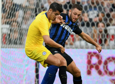 Chelsea striker Alvaro Morata battles with Inter defender Stefan de Vrij.