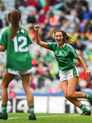 Mairéad Kavanagh of Limerick celebrates after scoring her side's third goal during the TG4 All-Ireland Ladies Football Junior Championship Final.