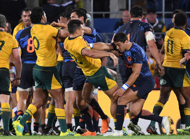 A fight breaks out during the Rugby Championship match between Australia and Argentina.