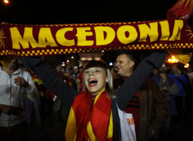 A Macedonian voter celebrates in the capital.