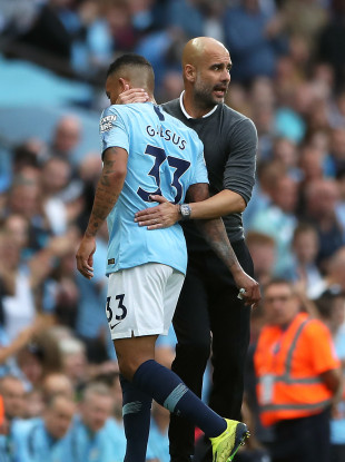 Gabriel Jesus (left) and manager Pep Guardiola (file pic).