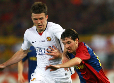 Carrick and Messi during the final in Rome.