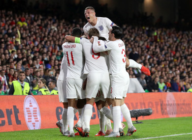 Raheem Sterling celebrates scoring his first goal on Monday night in Betis.