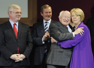 President elect Michael D Higgins on stage with his wife Sabina, Tanaiste, Eamon Gilmore and Taoiseach Enda Kenny.