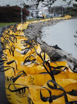 Temporary flood defence measures at Clontarf sea-front in 2010.