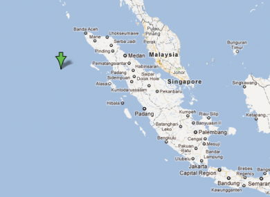 The green arrow here indicates the epicentre of the 7.3-magnitude earthquake which struck at 6:37pm Irish time.
