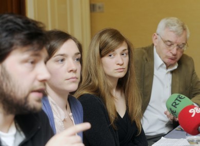 Left to right: Shell to Sea campaigner John Monaghan, spokesperson Caoimhe Kerins, campaigner Jerrie Ann Sullivan and Socialist TD Joe Higgins at a press conference following the controversy last year.