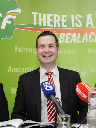 Pearse Doherty at the launch of the agenda for the Ard Fheis earlier this month. And if he looked cheerful then...