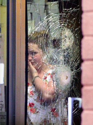The window of the post office in Walkinstown that was subjected to an armed raid yesterday.