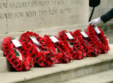 Wreaths laid at the cenotaph at Belfast City Hall last year.