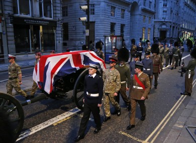 Rehearsals for the funeral of Margaret Thatcher earlier today.