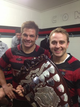Richie McCaw with Diarmuid McMahon in the Christchurch dressing room.