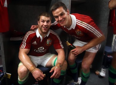 Sean O'Brien and Jonny Sexton celebrate after the Third Test victory.