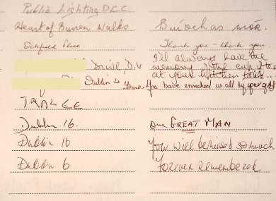 Some of the entries in the book of condolences.
