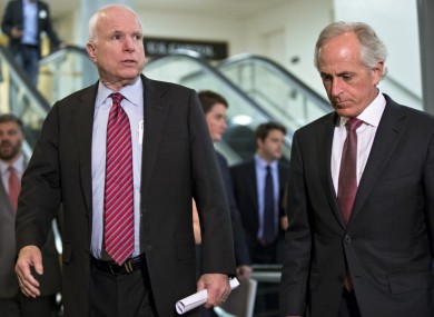 US Senator John McCain (left) with Senator Bob Corker, on their way to a closed-door briefing on Syria.