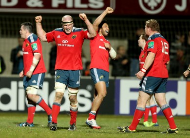 Paul O'Connell and his teammates celebrate the win away to Perpignan.