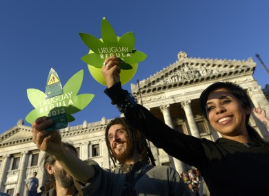 Activists in support of cannabis trade legalisation outside the Uruguay Congress building this morning.