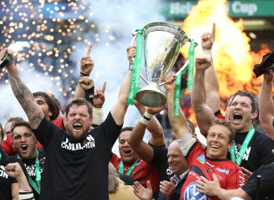 Sebatian Bruno and Jonny Wilkinson lift the Heineken Cup last season.