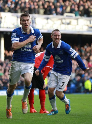 Coleman and (right) Aiden McGeady celebrate his goal against Cardiff last week.